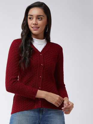 V Neck Casual Women Maroon Sweater 