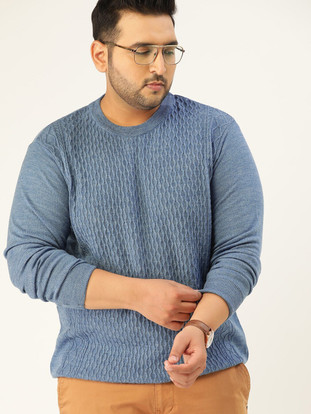 Round Neck Casual Men Blue Sweater 
