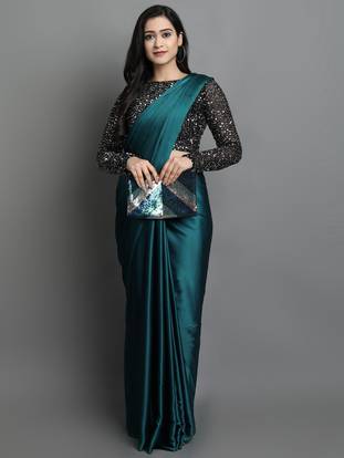Buy Villagius Solid Bollywood Satin Blend Silk Blend Light Blue Sarees Online Best Price In India Flipkart Com