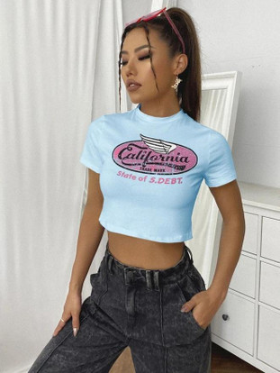 Urbanic Printed Women Round Neck Blue T 