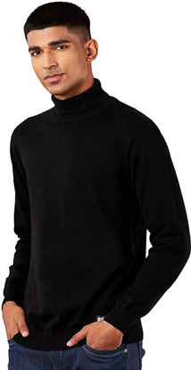 High Neck Casual Men Black Sweater 
