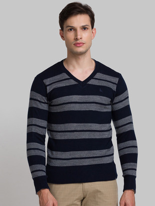 PARX Striped V Neck Casual Men Blue 