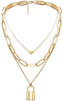 Multi layered Heart Lock Pendant Chain 