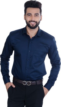 blue shirt with black trousers