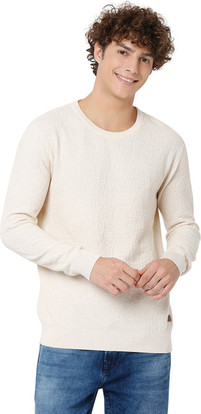 MUFTI Solid Round Neck Casual Men Beige 