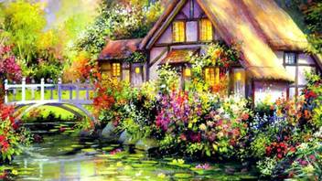 Flower House Colorful Flowers Hut Oil Painting Art Bridge River