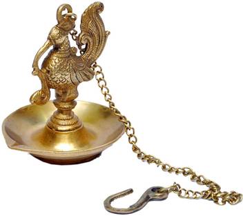 Mp Crafts Brass Hanging Peacock Design Diya Oil Lamp Deepak Wick