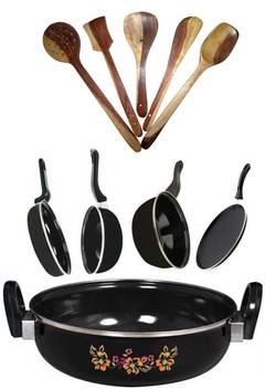 Blooming India Blooming India Cookware Set Of 5 Aluminium Easy Cook With 5 Wooden Karchhi Induction Bottom Cookware Set Price In India Buy Blooming India Blooming India Cookware Set Of 5