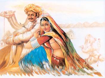 Romantic Indian Village Couple Painting On Fine Art Paper Hd