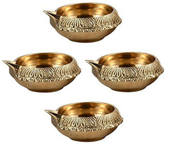 Hashcart Set of 20 Handmade Indian Puja Brass Oil Lamp - Golden Diya Lamp Engraved Design Dia with Turtle Base HC-BR-KDT90/_20