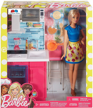 doll with kitchen set