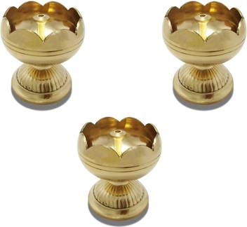 Lotusfeet Spirituality Lotusfeet Traditional Brass Apple Nanda Puja Diya Lamp Pooja Item Set Of 3 Diya Lamps With 6 Cotton Wicks Thiri 50ml Oil Brass Table Diya Set Price In India Buy Lotusfeet