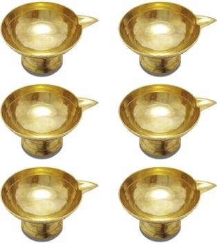 Lotusfeet Spirituality Lotusfeet Traditional Brass One Face Deepam Puja Diya Lamp Pooja Lamp Set Of Six Diya Lamps With 12 Pieces Of Cotton Wick Thiri 100ml Oil Brass Table Diya Set Price In