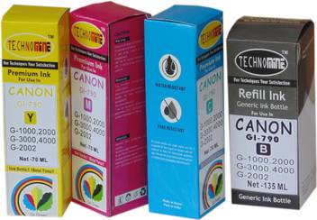 Technomine Canon Gi 790 Canon Pixma Refill Ink For G1000 G2000 G3000 G4000 Series Color Ink Black Cyan Magenta Yellow Pack Of 4 Ink Bottle Tri Color Ink Cartridge Technomine Flipkart Com