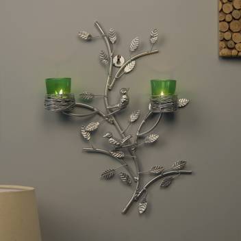 Homesake Silver Tree With Bird Nest Votive Stand Green Wall