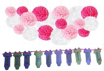 Theme My Party Pink 11 Birthday Party Decorations 9 Tissue Paper Pom Pom Flowers Balls 1 Its A Girl Banner Price In India Buy Theme My Party Pink 11 Birthday