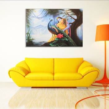 Inephos Unframed Canvas Painting Beautiful Radha Krishna Peacock