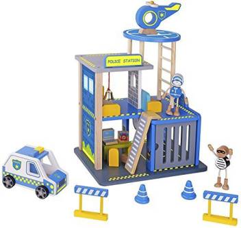 Pidoko Kids Police Station Playset Everyday Heroes Wooden Toys Play Set With Accessories Car Helicopter And More Toy House For Boys Girls Toddlers 3 Year Old And Up