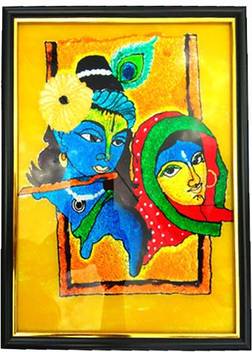 Craftwaft Yellow Handcrafted Radha Krishna Glass Painting Glass