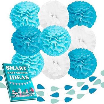 Beleheim Baby Shower Decorations Boy Tiffany Blue Turquoise White Set 9 Pcs Large 12 Tissue Paper Pom Poms And 3 Pcs 6 Ft Garla Baby Shower Decorations Boy Tiffany Blue Turquoise