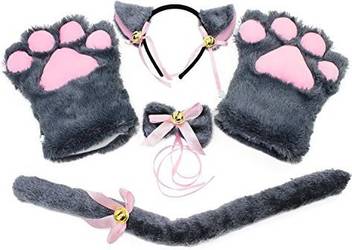 Keesin Cat Cosplay Set Plush Claw Gloves Kitten Ears Tail Collar