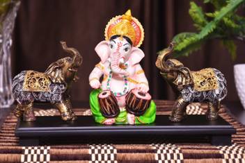 Mariner S Creation Ganesha Statue With Two Elephents And Wooden Tray For Home Decor Living Room Bedroom,Crafts For Home Decoration Easy