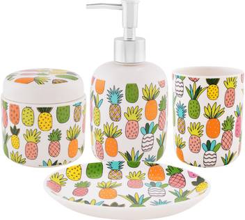 Archies Bathroom Accessories Essential Kit With Rinsing Cup Soap Case Toothbrush Holder Box Case And Lotion Dispenser Or Soap Dispenser Multicolored Pineapple Art Ceramic Set Of 4 Ceramic Bathroom Set Price In