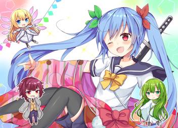 Athah Anime Original Girl Blue Hair Red Eyes Fairy Blonde Blue Eyes Ribbon Twintails Schoolgirl School Uniform Green Eyes Green Hair Thigh Highs 13 19 Inches Wall Poster Matte Finish Paper Print
