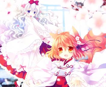 Athah Anime Original Miko Outfit Tail Short Hair Orange Eyes Blue Eyes Brown Hair Cherry Blossom White Hair Smile Ribbon Blush 13 19 Inches Wall Poster Matte Finish Paper Print Animation