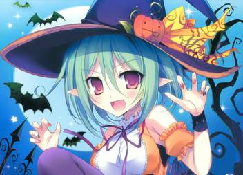 Athah Anime Original Hat Short Hair Green Hair Pointed Ears Red Eyes Smile Blush Bat Pumpkin Bow 13 19 Inches Wall Poster Matte Finish Paper Print Animation Cartoons Posters In India