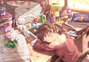 Athah Anime Original Girl Desk Sleeping 13 19 Inches Wall Poster
