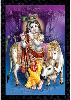 Janki Online Modern Art Canvas Lord Krishna With Cow Large Glass
