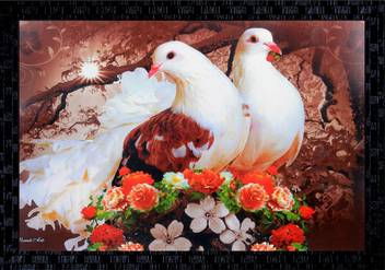 Janki Love Bird Flowers Sitting On Tree Wall Painting With Frame