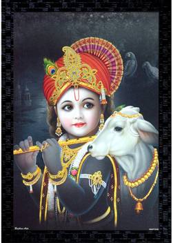 Janki God Krishna With Cow Wall Painting With Frame Canvas 20 Inch