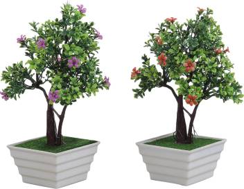 Foliyaj Combo Of 2 Twin Trunked Bonsai Trees With Green Leaves And Red Purple Flowers Bonsai Wild Artificial Plant With Pot Price In India Buy Foliyaj Combo Of 2 Twin Trunked