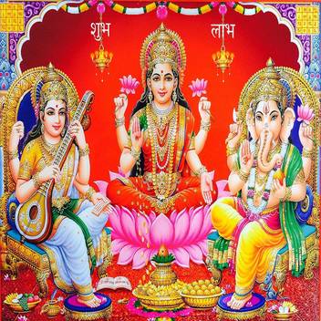Holy Spiritual Goddess Laxmi Saraswati With Lord Ganesha Ganpati Wall Sticker For Diwali Navratri Occassion A3 Size 12 In X 18 Inch Paper Print Total Home Posters Decorative Religious Posters