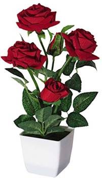 Delmohut Real Look Artificial Red Rose Flower Plant 5 Flowers 5 Buds Head With Plastic Vase Pot Height 31 Cm Red Rose Artificial Flower With Pot Price In India Buy