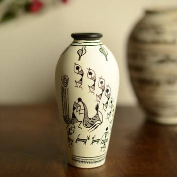 Exclusivelane Handpainted With Warli Art Round Shaped Terracotta