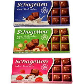 Schogetten 3 Combo Bars Of Alphine Milk Strawberry And Milk With Hazelnut Chocolates 100g X 3 Bars Price In India Buy Schogetten 3 Combo Bars Of Alphine Milk Strawberry And Milk