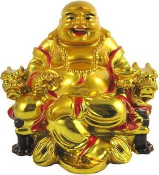 Feng Shui Laughing Buddha Golden color On Chair With Ingot And Money Coin