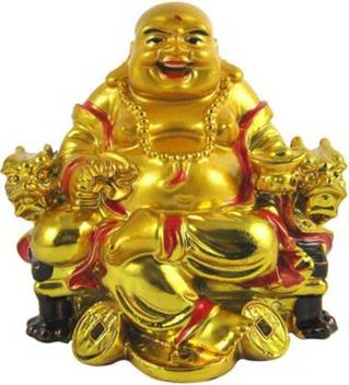 Feng Shui Laughing Buddha Golden color On Chair With Ingot And Money Coin