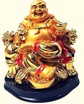 Feng Shui Laughing Buddha Golden color On Chair With Ingot And Money Coin