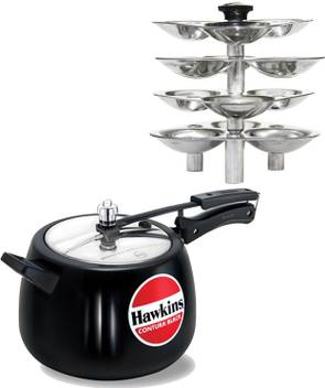 Hawkins Contura Black 6 5 Ltr Pressure Cooker With Idli Stand For
