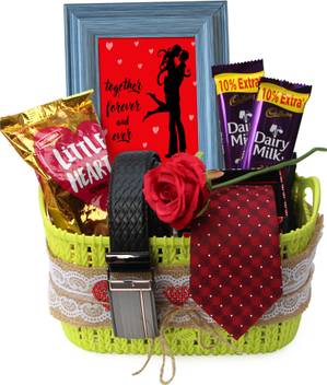 >Tied Ribbons Valentine Gifts For Husband Boyfriend Him Special Gifts Hamper Men S Necktie Belt Dairy Milk Chocolates Little Heart Packet Red Rose Quoted Photo Frame In Basket Plastic Gift Box Price In