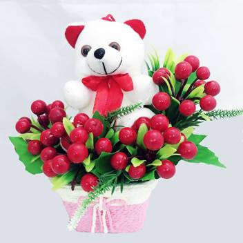 Get Wallpaper Just Flowers Cute Teddy With Artificial Red Cherry Bouquet Small HD