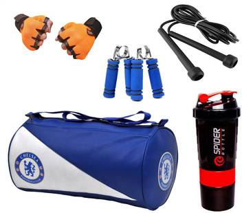 Rocket Sales Combo Of Chelsea Gym Bag Gloves Orange Spider Shaker Red Skipping Rope Black And Hand Gripper Blue Gym Fitness Kit Buy Rocket Sales Combo Of Chelsea Gym Bag