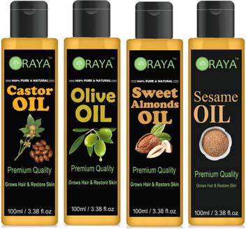 Oraya 100 Pure Natural Castor Oil Virgin Olive Oil Sweet Almond Oil Sesame Oil For Hair Growth Massage Oil 100ml Pack Of 4 Bottle 400ml Hair Oil 400ml Combo 400ml Price In India Buy Oraya 100 Pure