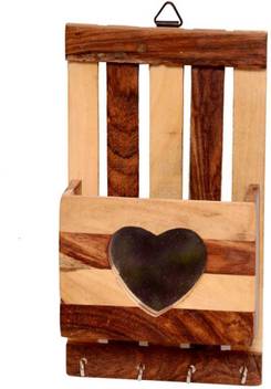 H H Traders Wooden Wall Hanging Key Holder With Heart Shape Mirror