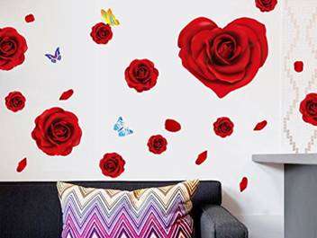 Golden Cart Large Wall Sticker Red Roses Petals Butterflies Decor