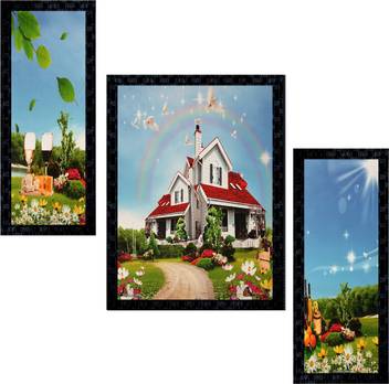 Janki Online Set Of 3 Scenery Modern Art Glass Framed Wall Painting For Home Office And Temple And Home Decor Digital Reprint 14 Inch X 11 Inch Painting Price In India